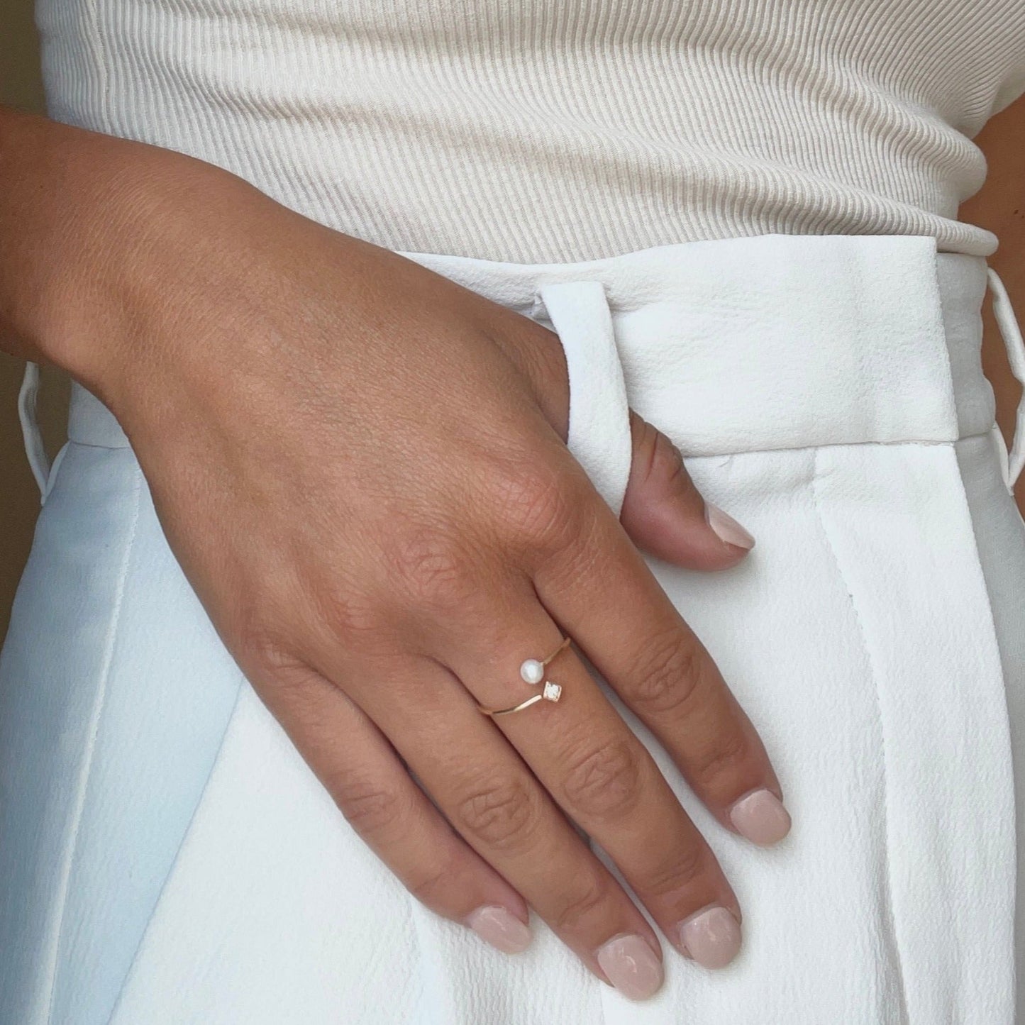 Diana Pearl and Diamond Bypass Ring