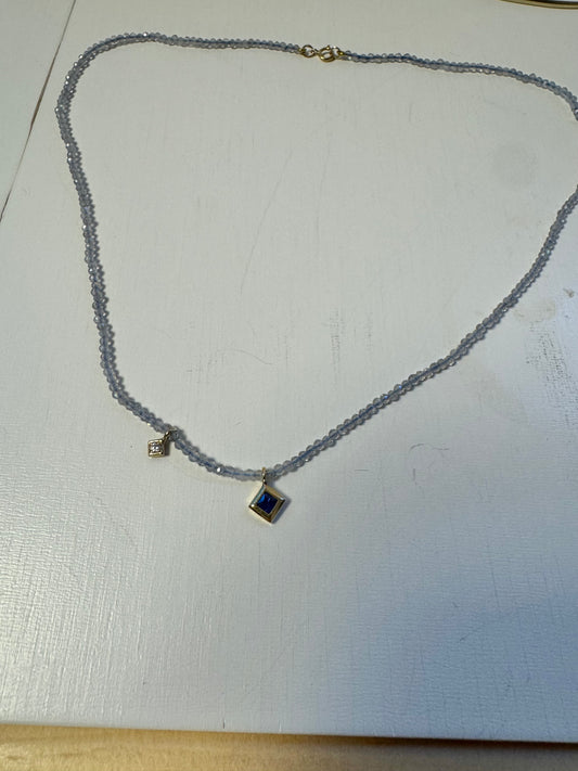 Blue Sapphire Beaded Necklace with Lex signature Blue Sapphire andDiamond Dangle